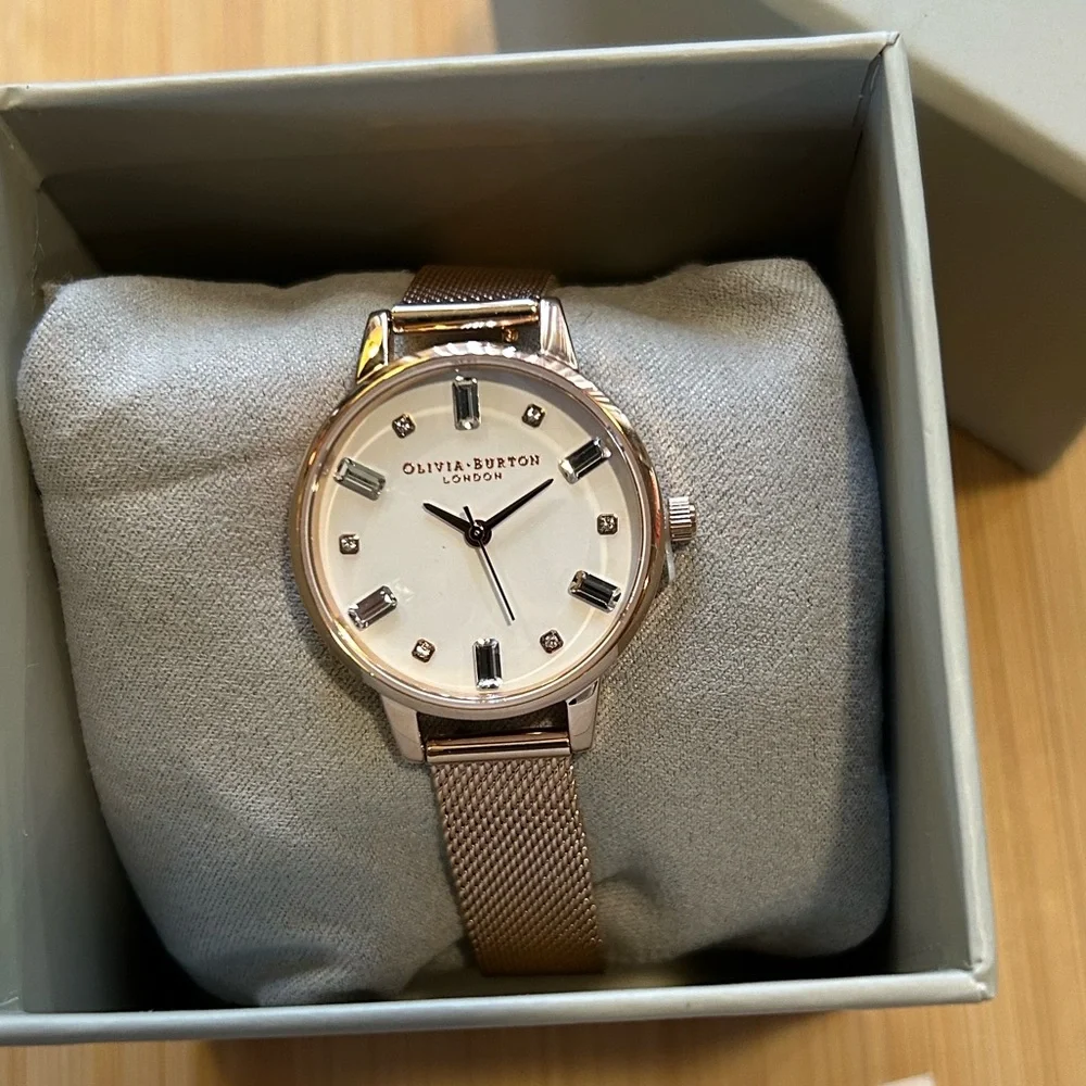 OLIVIA BURTON Rose Gold Mesh Bracelet Watch with White Dial